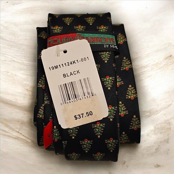 Men’s Holiday Dress Tie Christmas Tree Pattern Classic Black - Picture 3 of 3